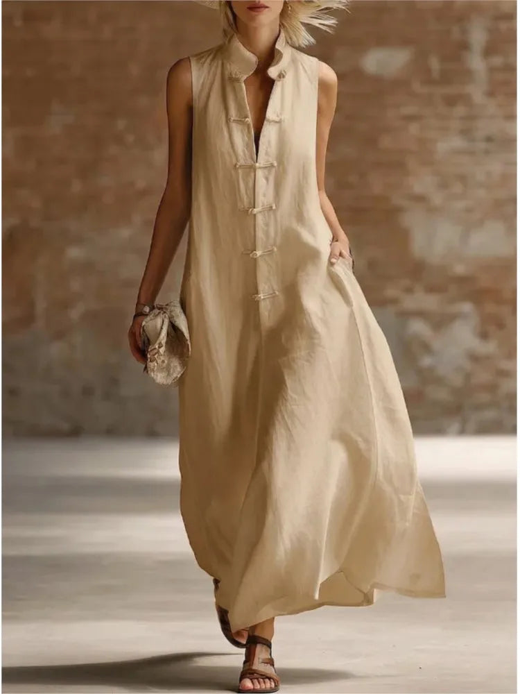 Comfortable women's sleeveless maxi shirt dress with full button front, perfect for relaxed summer style.