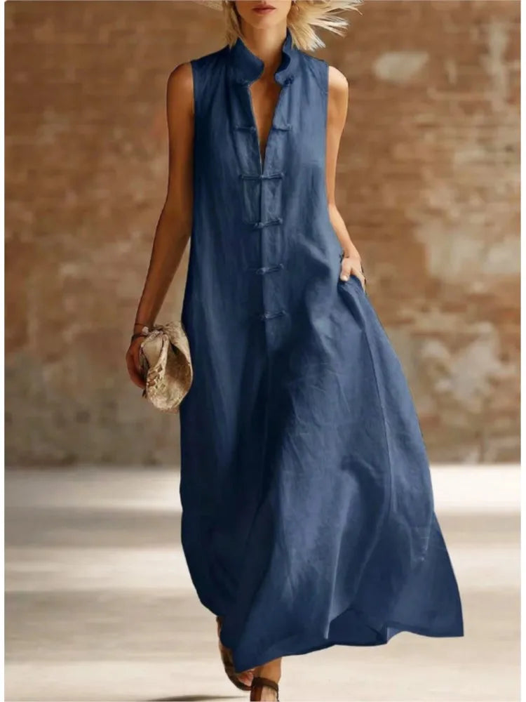 Stylish women's sleeveless maxi shirt dress, offering effortless elegance for warm weather & resort wear.