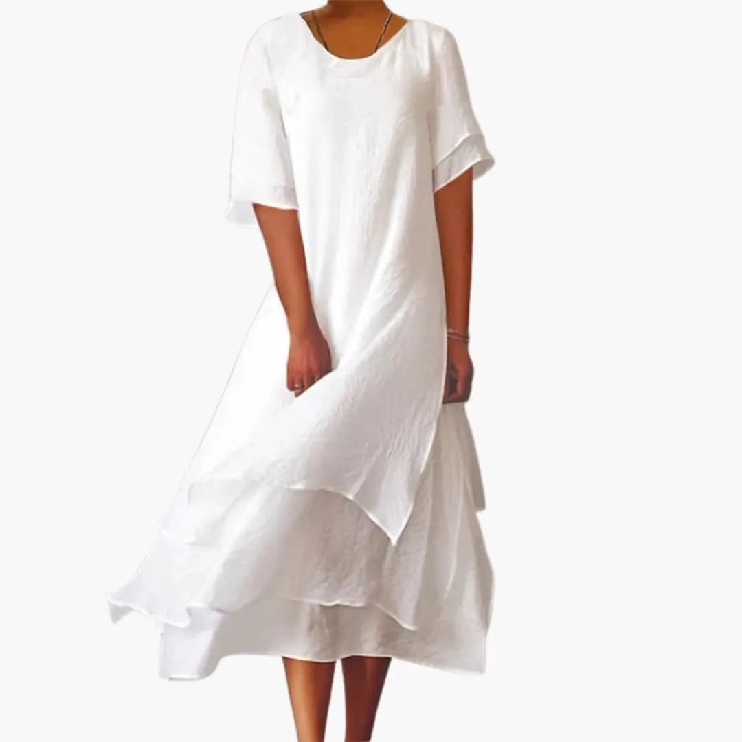 Women's sleeveless midi dress with round neck & fitted waist, perfect for elegant casual summer wear.