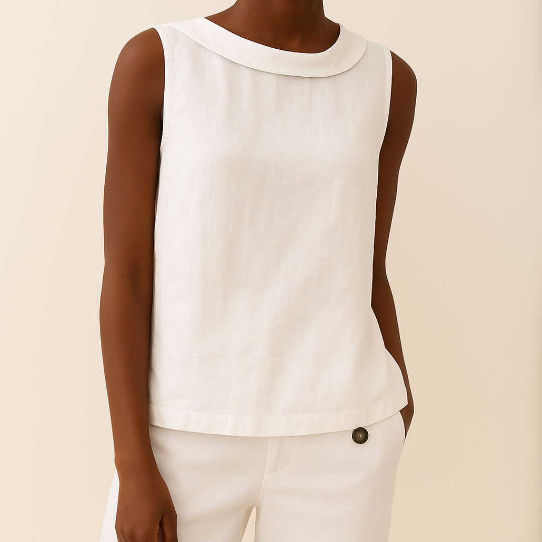 Stylish women's sleeveless top, round neck. An elegant blouse perfect for warm weather and everyday fashion.