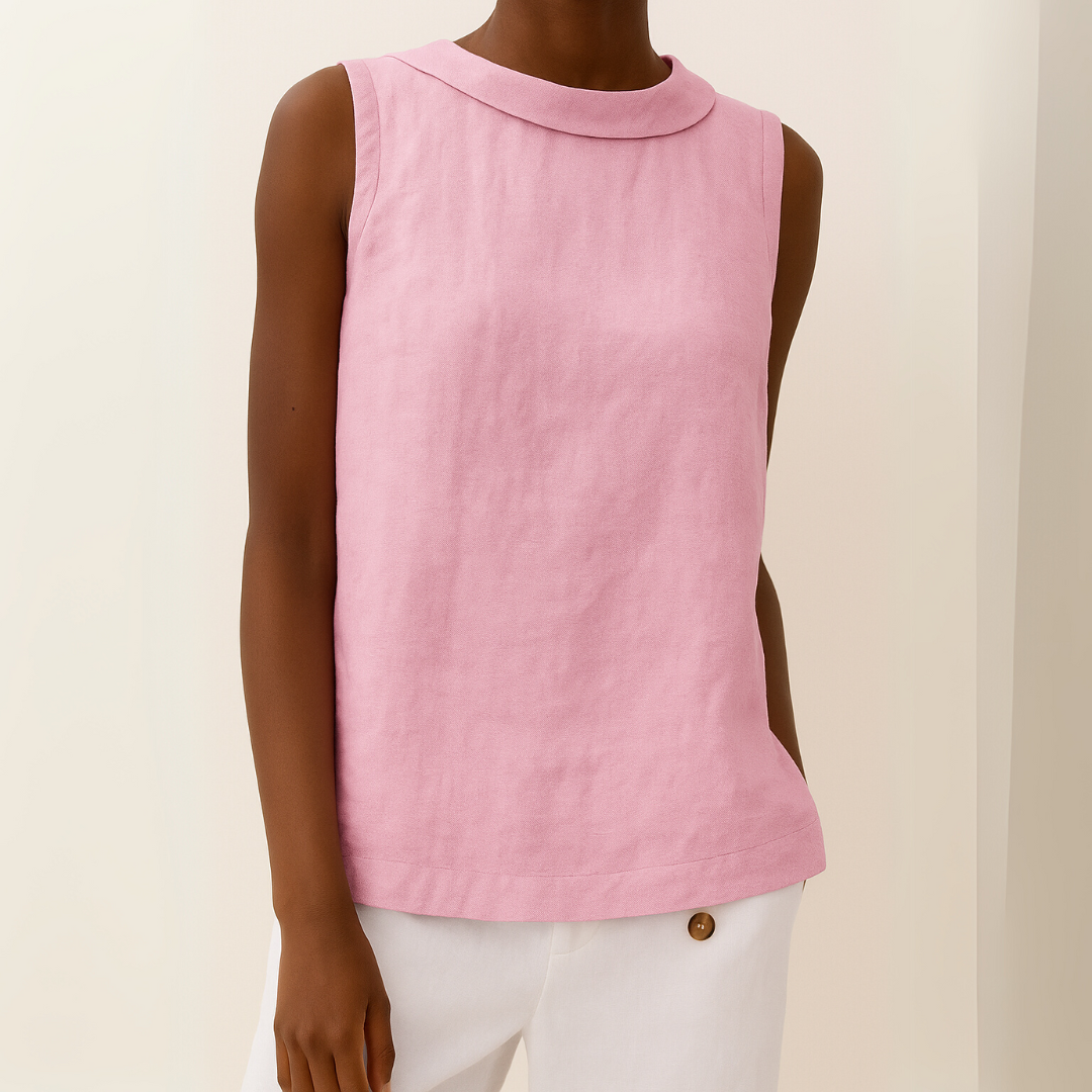 Casual women's sleeveless round neck blouse, a breezy and comfortable summer top. Easy everyday style.
