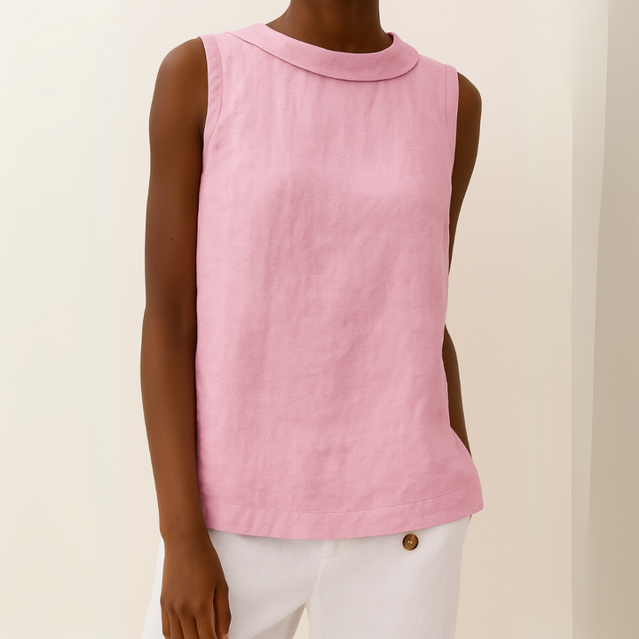 Casual women's sleeveless round neck blouse, a breezy and comfortable summer top. Easy everyday style.