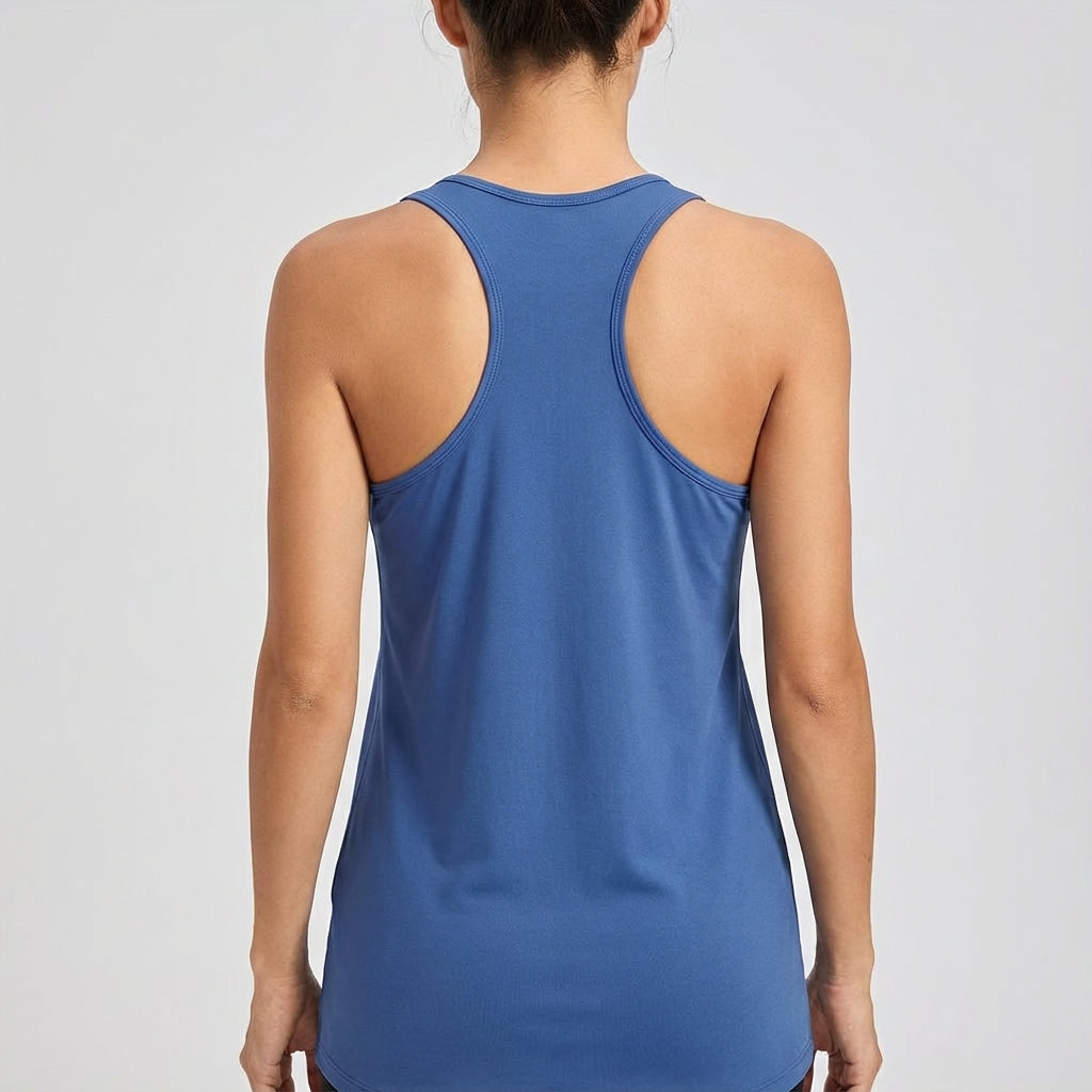 Comfortable women's sleeveless workout top with elastic material, designed for full range of motion.