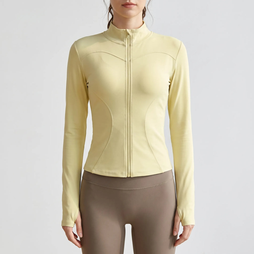 Ladies' long-sleeve workout jacket, perfect for yoga, gym, or everyday activewear.