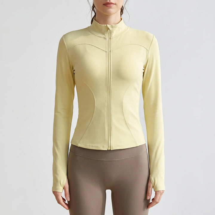 Ladies' long-sleeve workout jacket, perfect for yoga, gym, or everyday activewear.