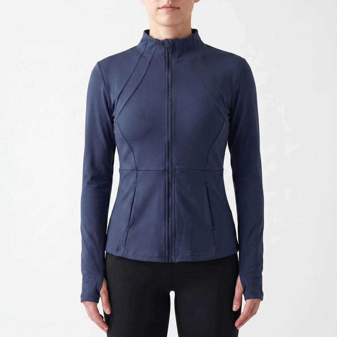 Lightweight women's running jacket for fitness & training. Slim-fit athletic outerwear with thumbholes.