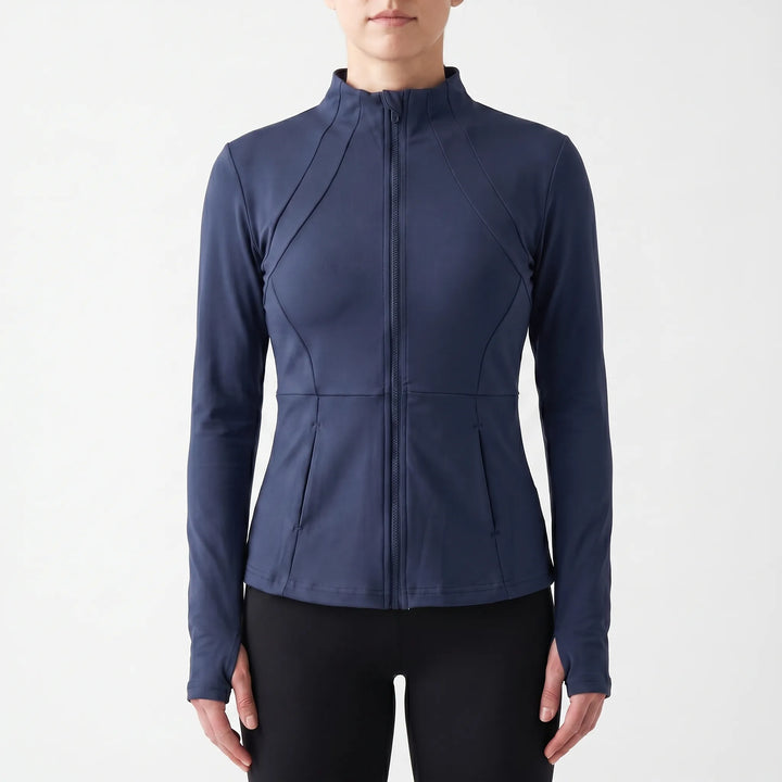 Lightweight women's running jacket for fitness & training. Slim-fit athletic outerwear with thumbholes.