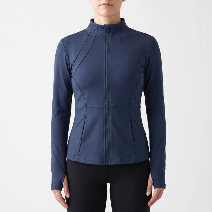 Women's activewear performance jacket. Slim-fit design with thumbholes for ultimate comfort during workouts.