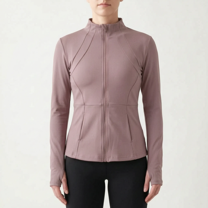 Lightweight women's training jacket. Slim-fit athletic outerwear with thumbholes, great for running & outdoor sports.
