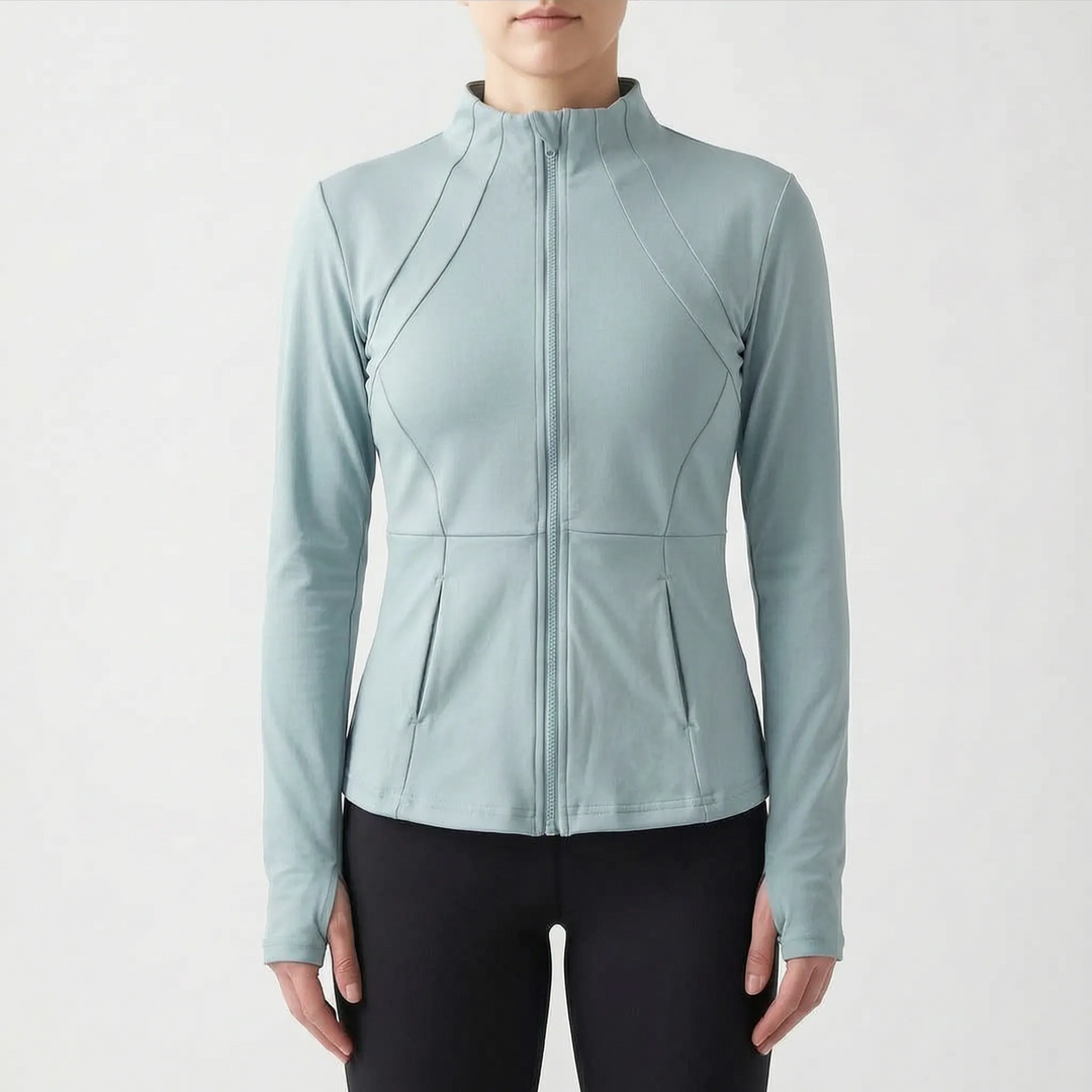 Women's workout jacket, slim-fit activewear for yoga & fitness. Features thumbholes for extended warmth.