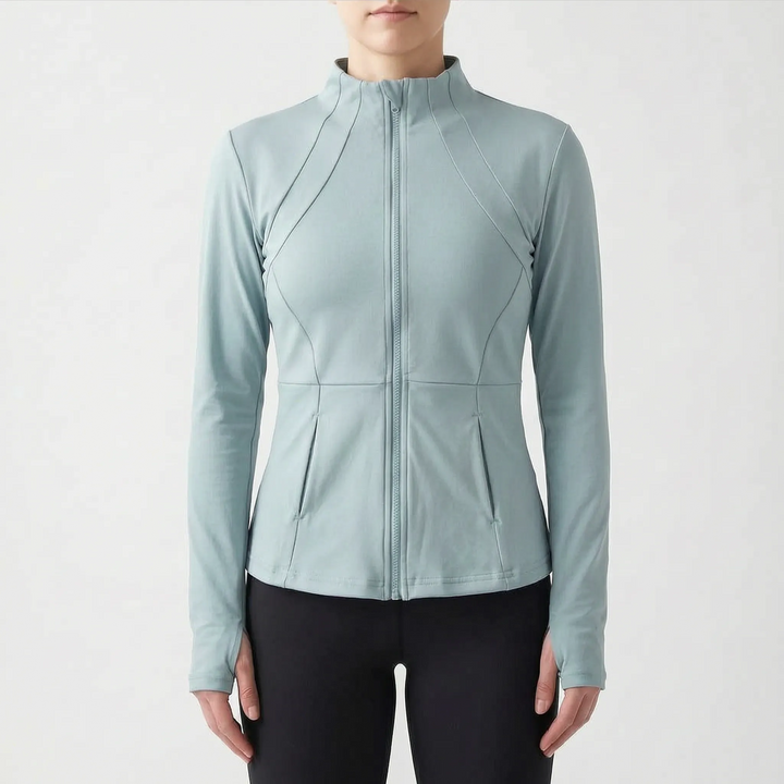 Women's workout jacket, slim-fit activewear for yoga & fitness. Features thumbholes for extended warmth.