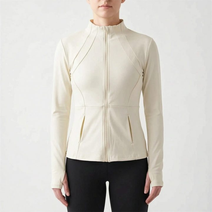 Versatile women's activewear jacket. Slim-fit sports top with thumbholes, essential for any athletic activity.