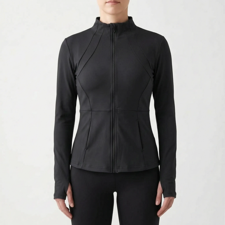 Women's athletic outerwear: slim-fit running jacket with thumbholes, designed for active lifestyles & performance.