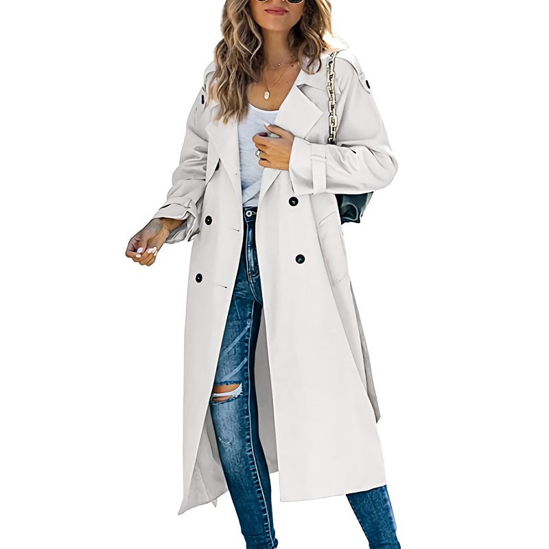 Women's slim fit belted trench coat in a classic style, perfect for elegant autumn or spring outerwear.