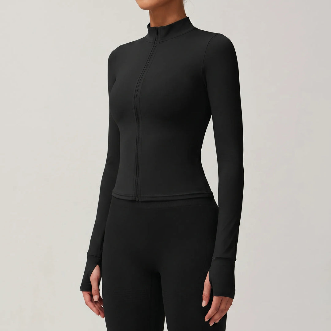 Women's gym wear jacket, slim-fit with high collar. Perfect for intense workouts & fitness.