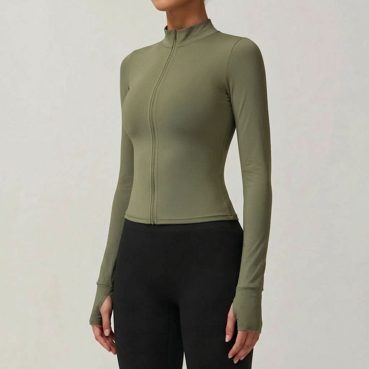 Stylish women's yoga jacket, slim-fit & flexible for studio workouts. Performance activewear.