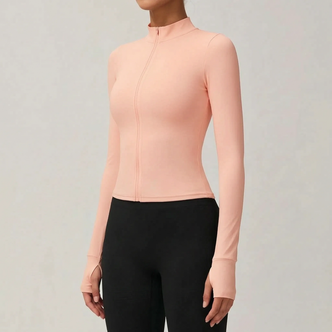 Back view of women's slim-fit workout jacket, breathable fabric. Ideal for active women.