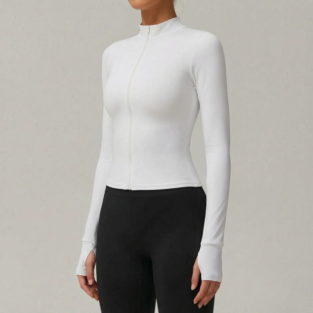 Women's sleek slim-fit performance sports jacket, ideal for workouts, running & gym. Zip-up activewear.