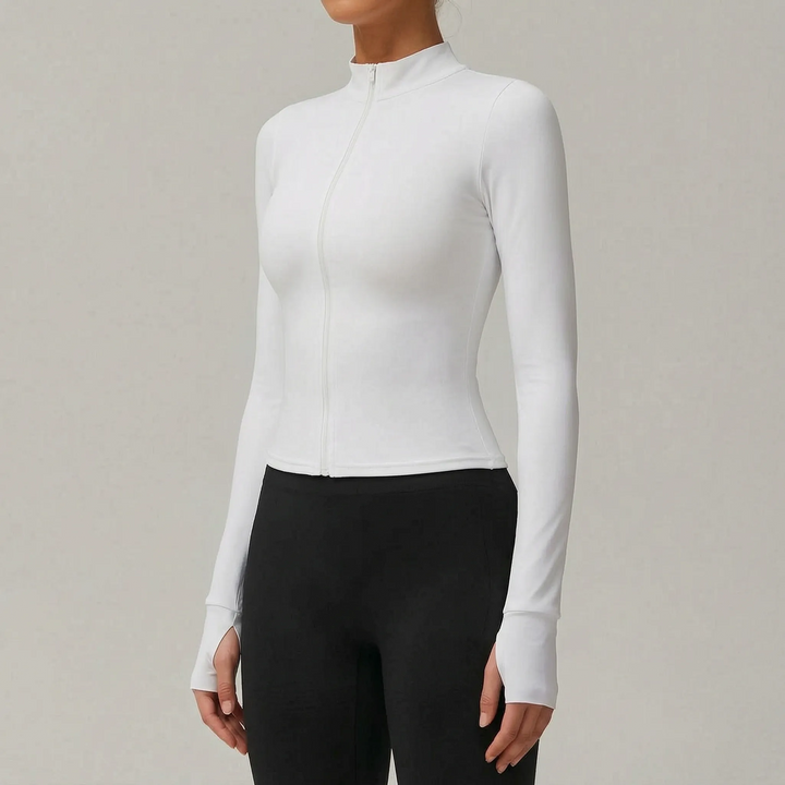 Women's sleek slim-fit performance sports jacket, ideal for workouts, running & gym. Zip-up activewear.