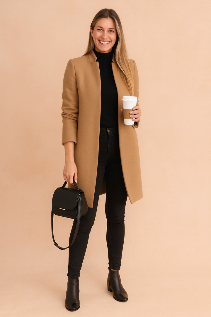 Women's slim fit tailored coat, structured for work & casual style. Elegant outerwear for fall/winter.