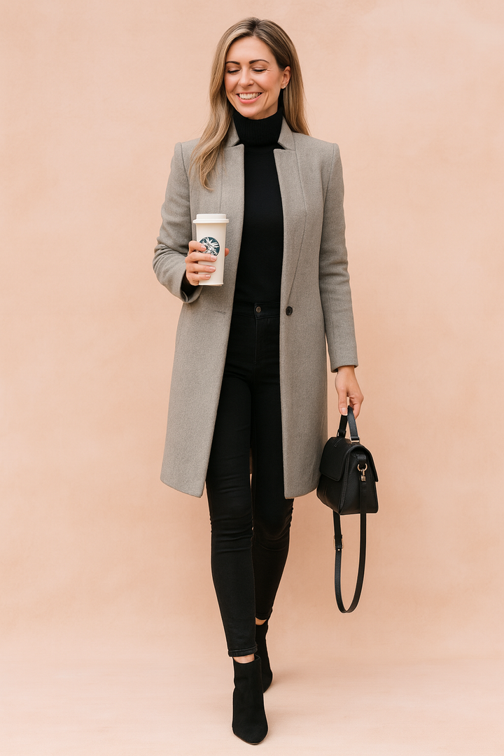 Khaki women's tailored coat, slim fit & structured. Perfect professional workwear or chic casual outerwear.