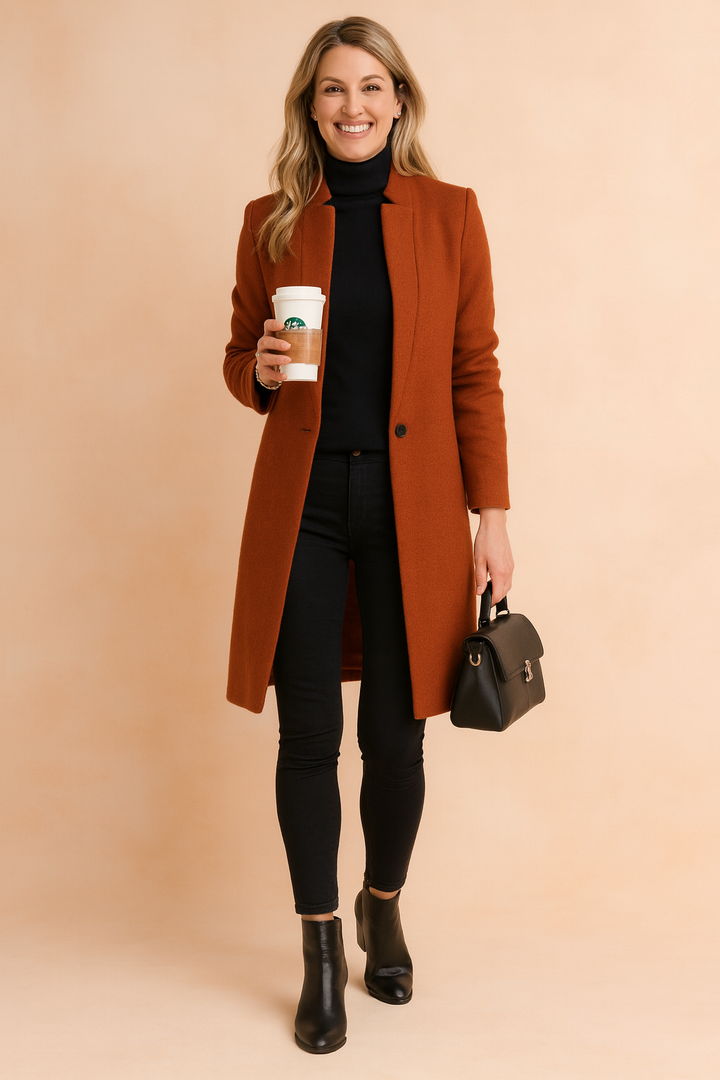 Gray women's slim fit tailored coat, elegant structured design. Versatile fall/winter outerwear for women.