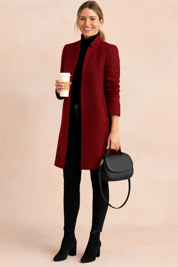 Burgundy women's tailored slim fit coat, structured for work. Stylish fall fashion & elegant outerwear.