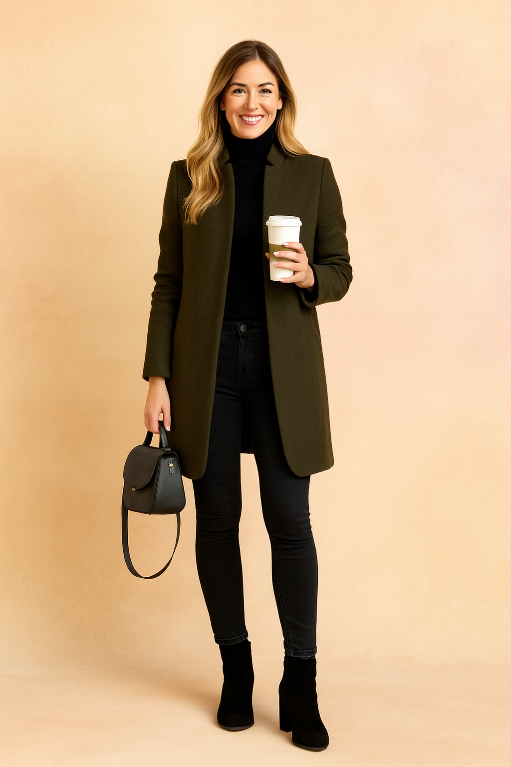 Women's structured tailored coat, slim fit for professional workwear or elegant casual fall fashion.