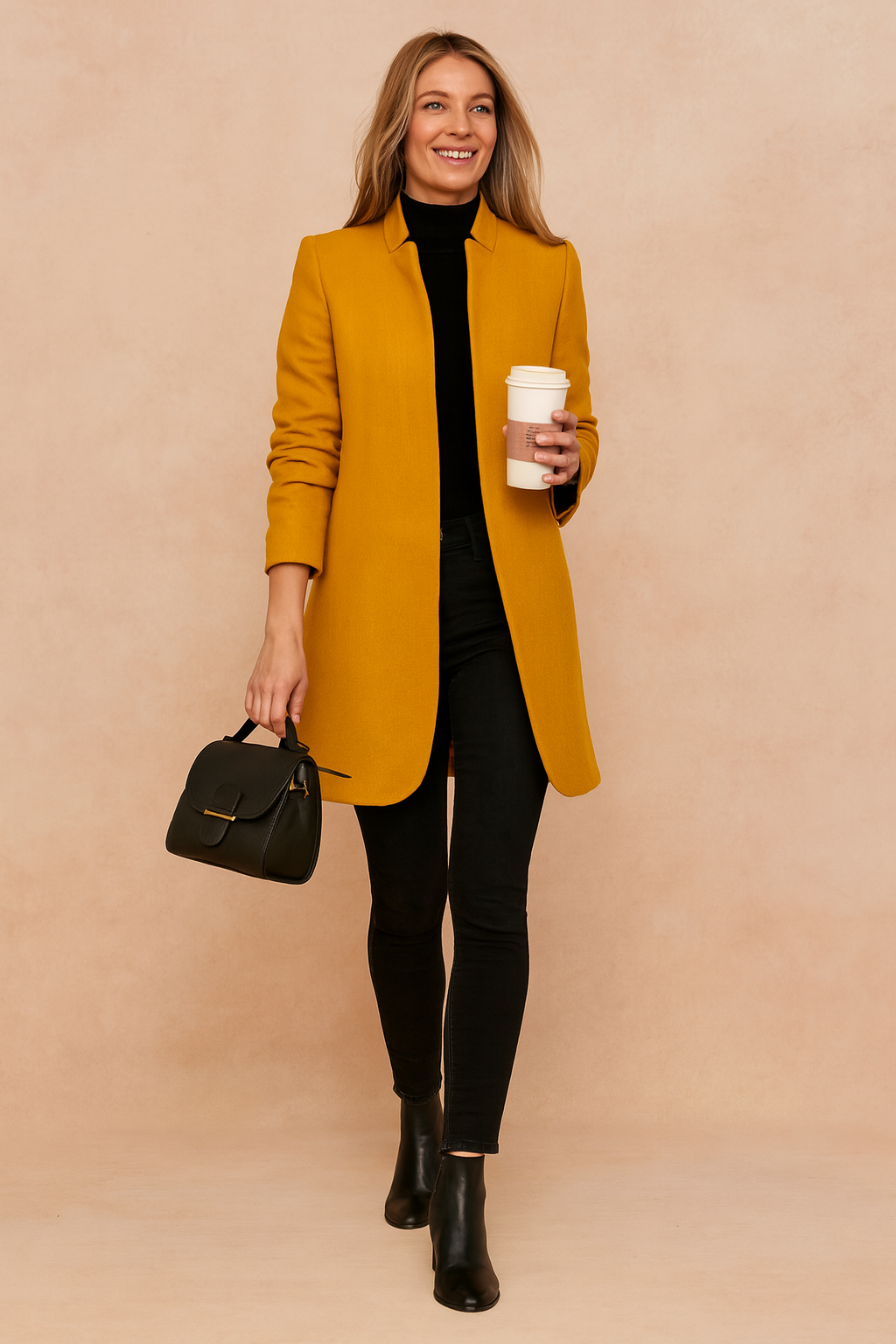 Elegant women's slim fit tailored coat. Structured outerwear for a polished look, ideal for fall/winter.