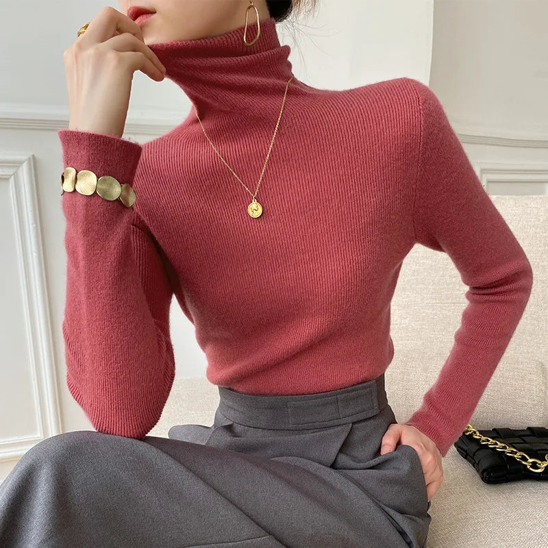 Chic women's long sleeve slim fit turtleneck sweater, ideal for versatile layering & cozy winter outfits.