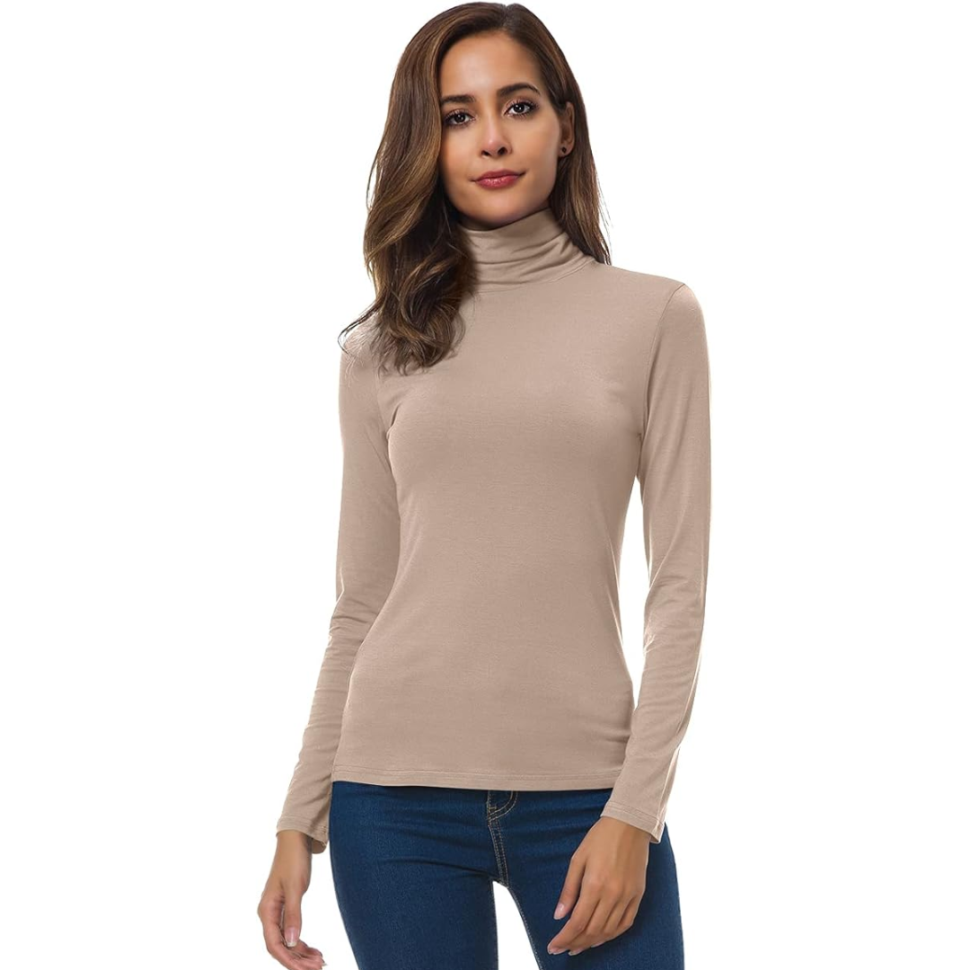 Soft women's slim fit long sleeve turtleneck, comfortable & essential for versatile layering.