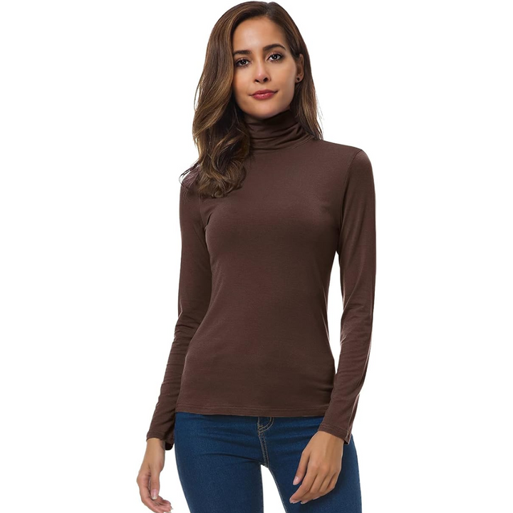 Chic women's slim fit turtleneck top, long sleeve, perfect essential layering piece.