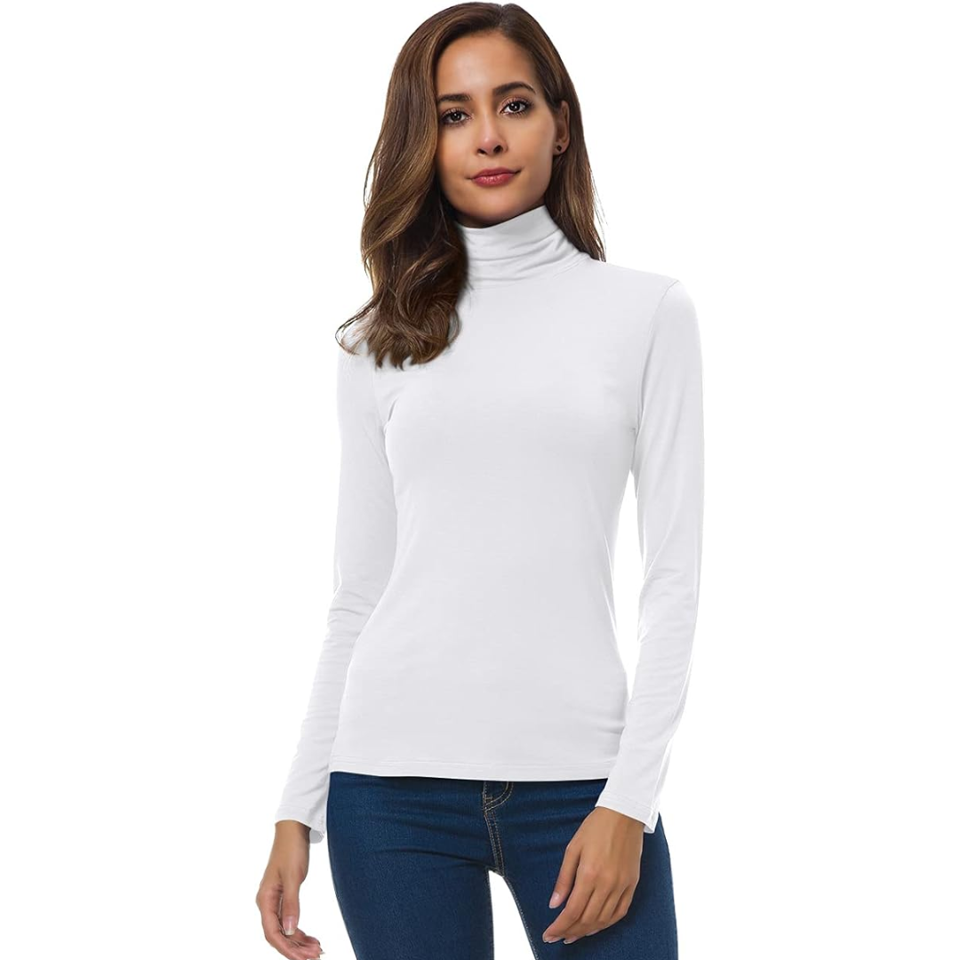 Women's slim fit long sleeve turtleneck, essential for layering, casual & office fashion.
