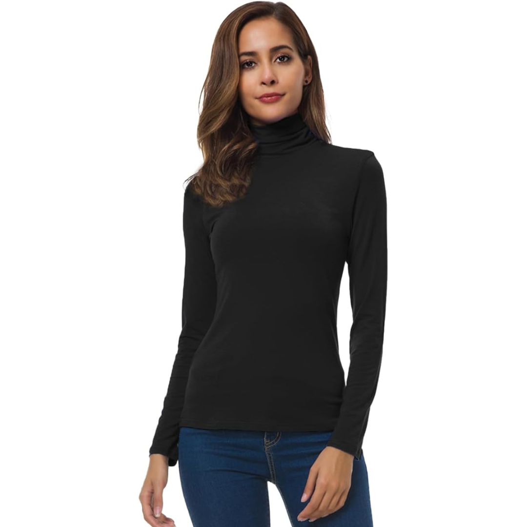 Modern women's slim fit turtleneck long sleeve top, versatile for everyday and office layering.