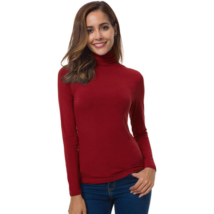 Sleek women's slim fit turtleneck, long sleeve, perfect for layering or stand-alone wear.