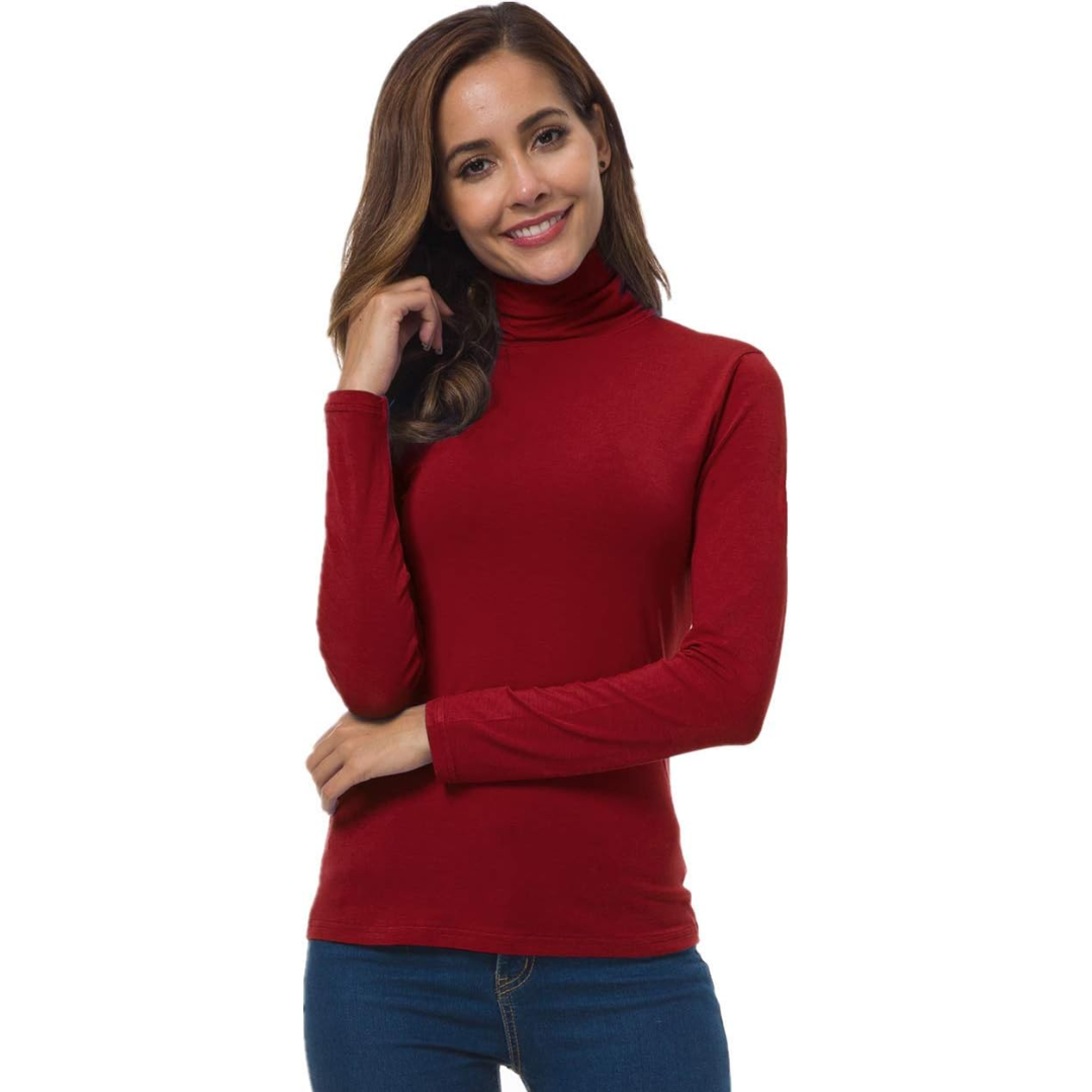 Elegant women's slim fit turtleneck, long sleeve, ideal for professional office wear & layering.