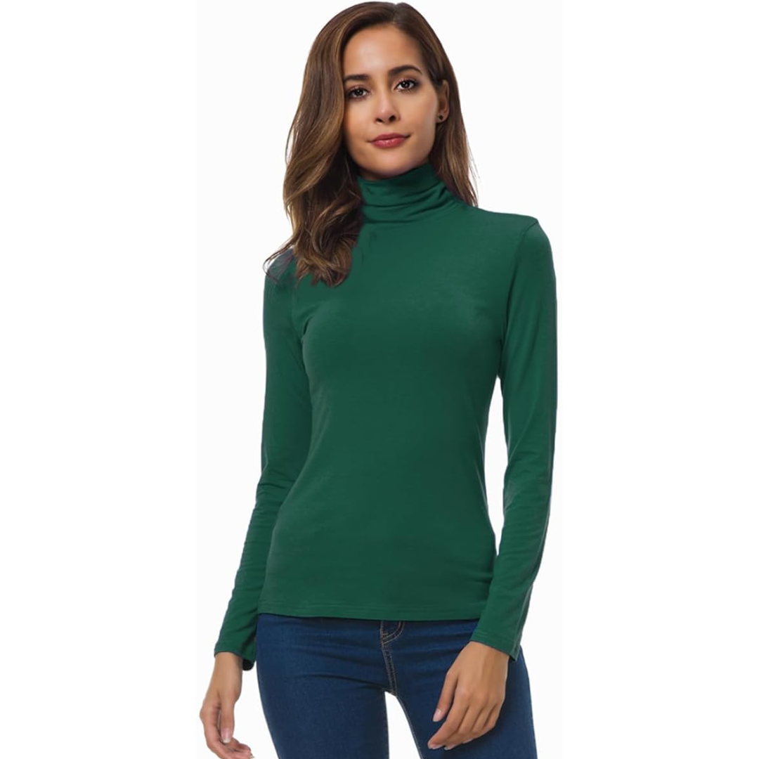 Versatile women's long sleeve slim fit turtleneck, great for casual, office, and layering outfits.
