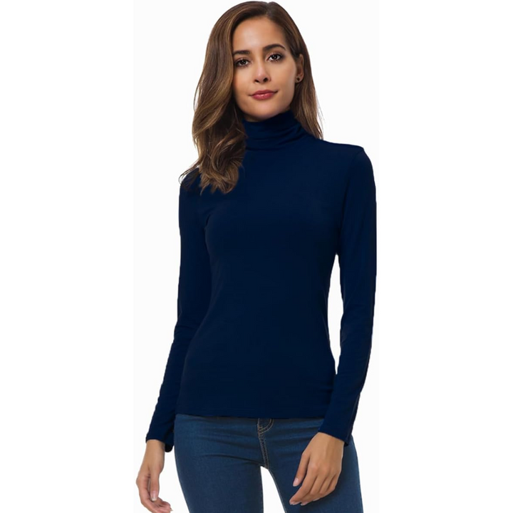 Black women's slim fit turtleneck long sleeve top, essential for layering, casual & office wear.