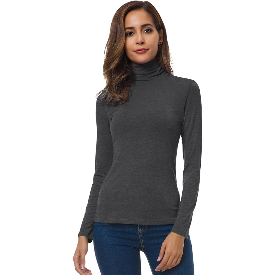 White women's slim fit turtleneck long sleeve top, versatile layering piece for any look.