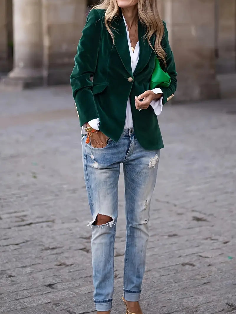 Women's elegant velvet blazer, gold buttons, peak lapels, perfect for sophisticated style.