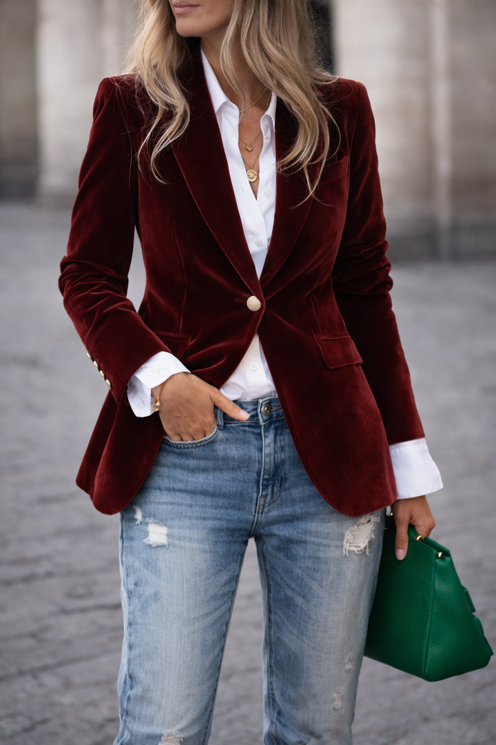 Elegant gold button slim fit velvet blazer for women, ideal for office or evening events.