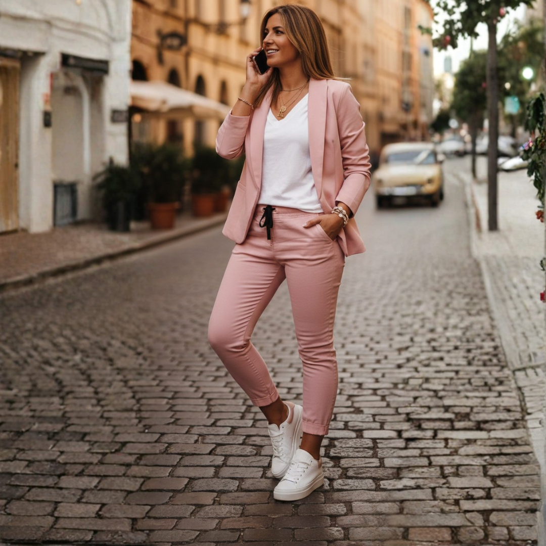 Women's smart casual ruched sleeve blazer & matching jogger set. Perfect for versatile styling.