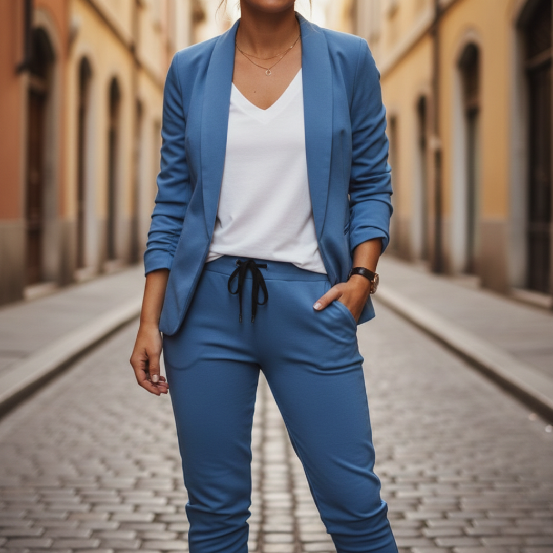 Fashionable women's ruched sleeve blazer and jogger matching set. Comfortable yet chic for any occasion.