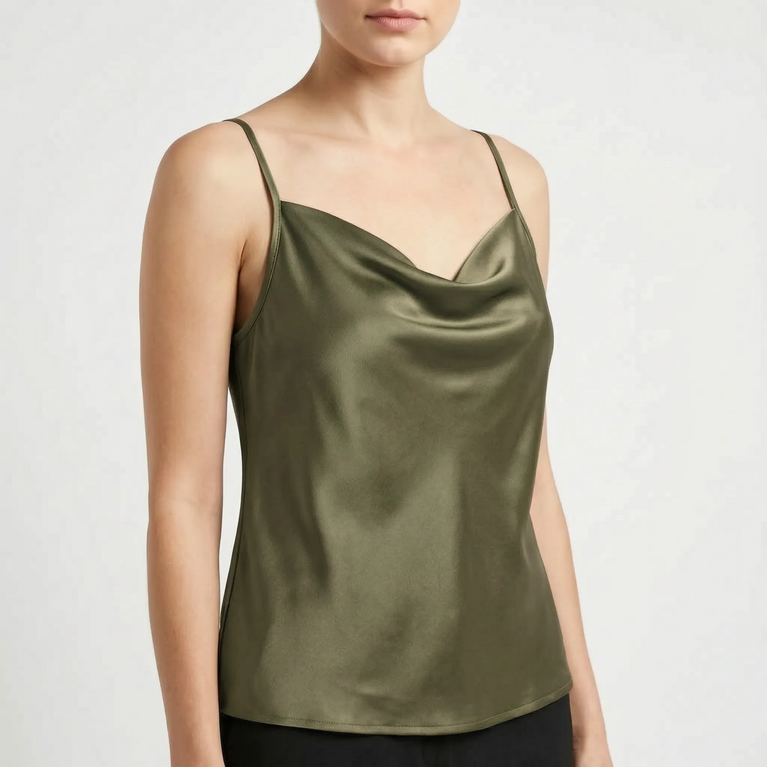Women's sleek camisole top with elegant cowl neck. Perfect sleeveless top for layering or warm weather.