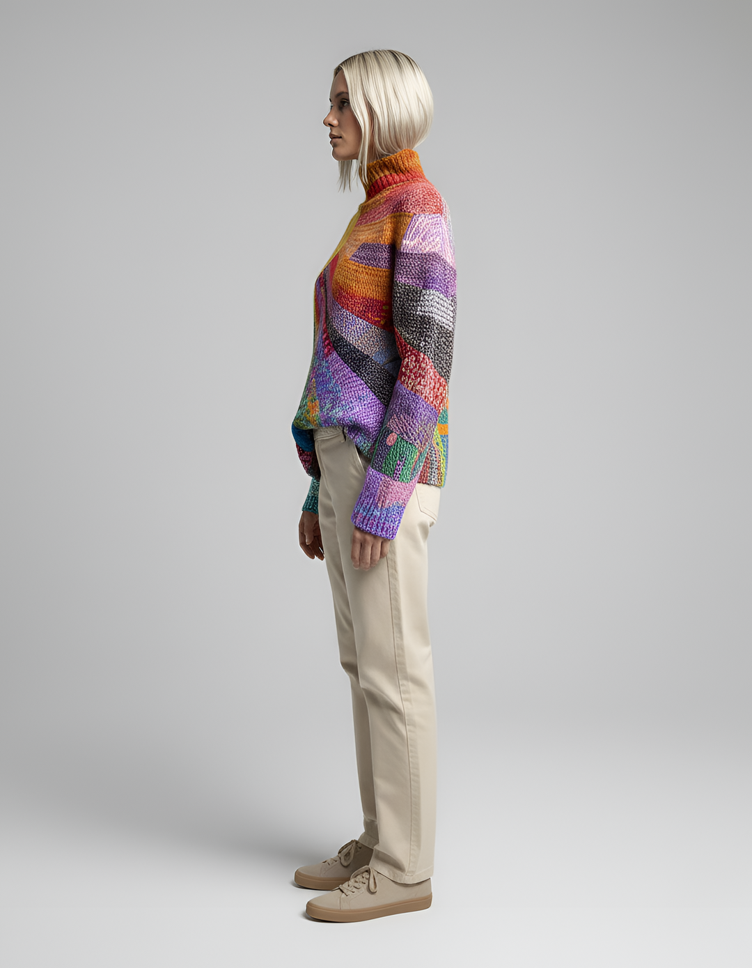 Cozy women's turtleneck sweater with a unique abstract print, perfect for warm winter casual wear & fall outfits.