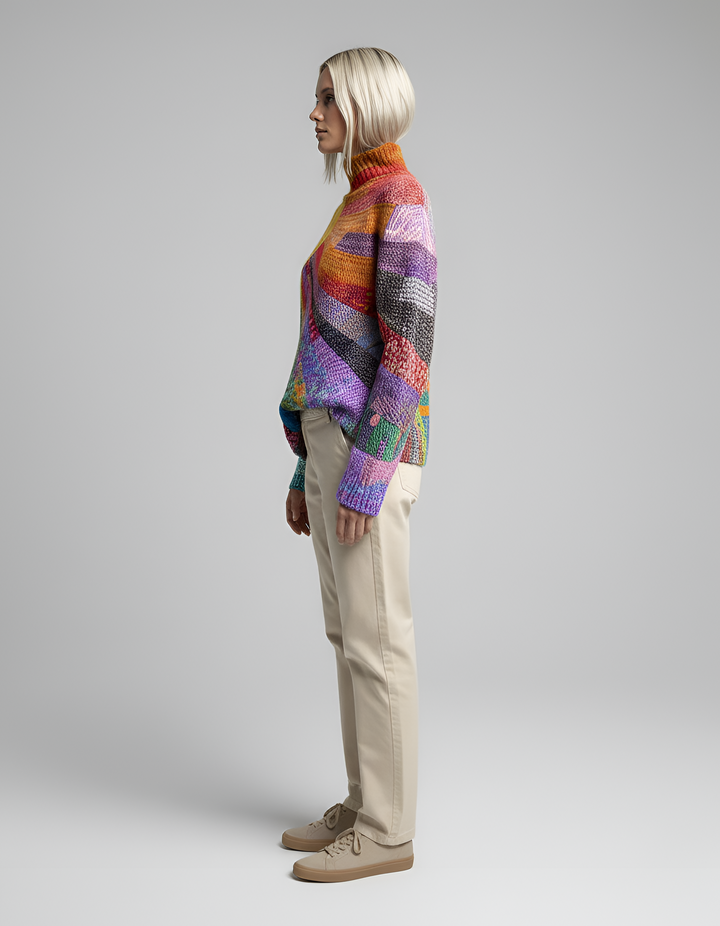 Cozy women's turtleneck sweater with a unique abstract print, perfect for warm winter casual wear & fall outfits.