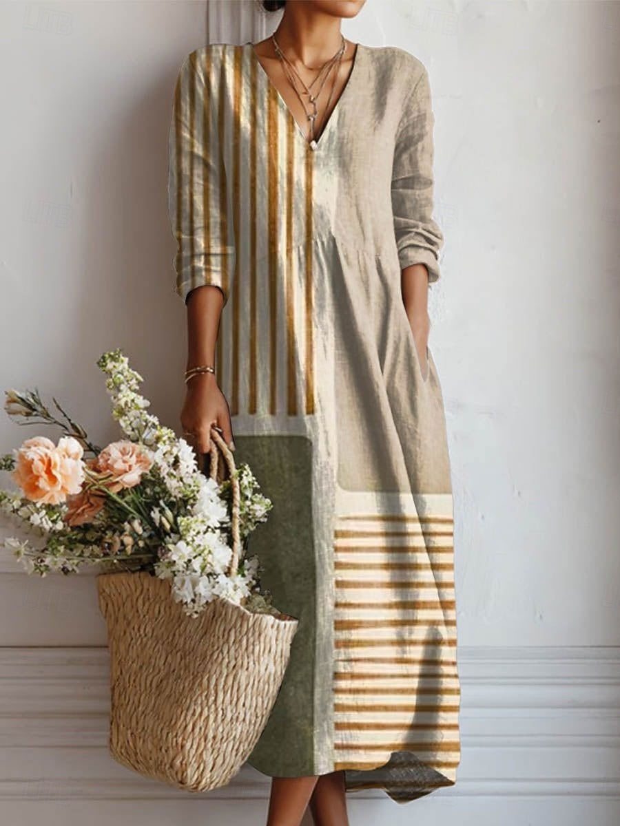 Women's soft earth tone relaxed fit midi dress, comfortable & flowy for casual everyday style.