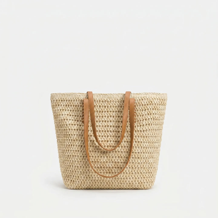 Stylish women's woven beach tote bag. Versatile shoulder carryall for summer, travel & everyday essentials.
