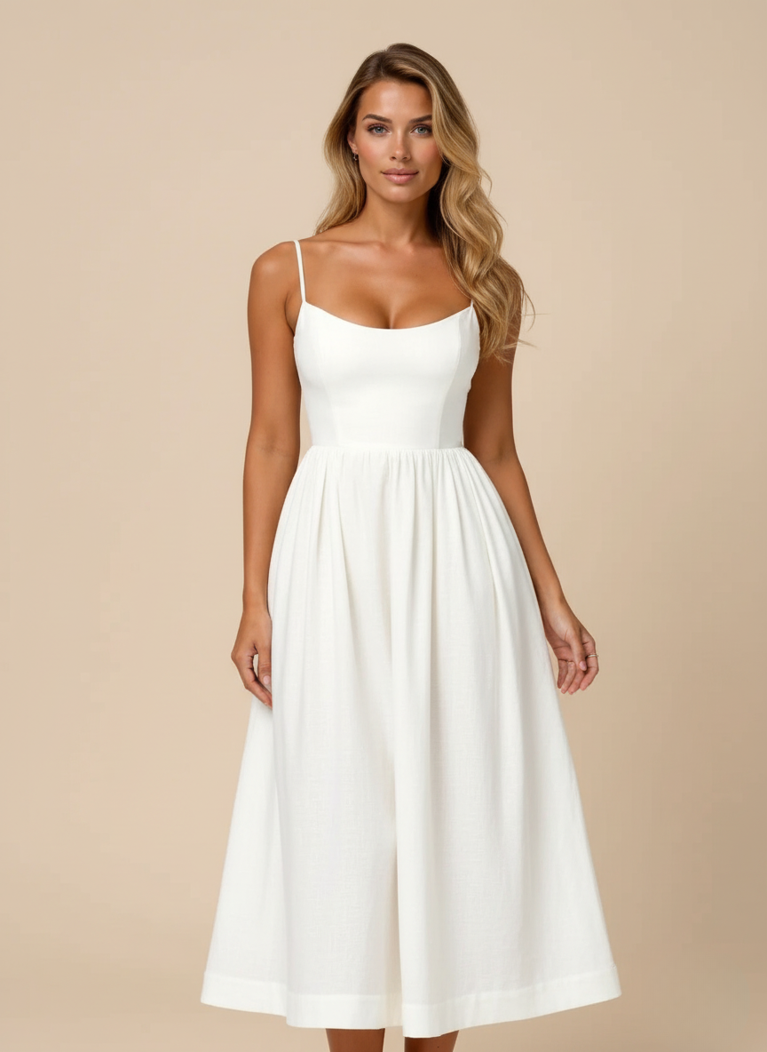 Women's spaghetti strap scoop neck A-line midi dress. Perfect for summer fashion & versatile styling.