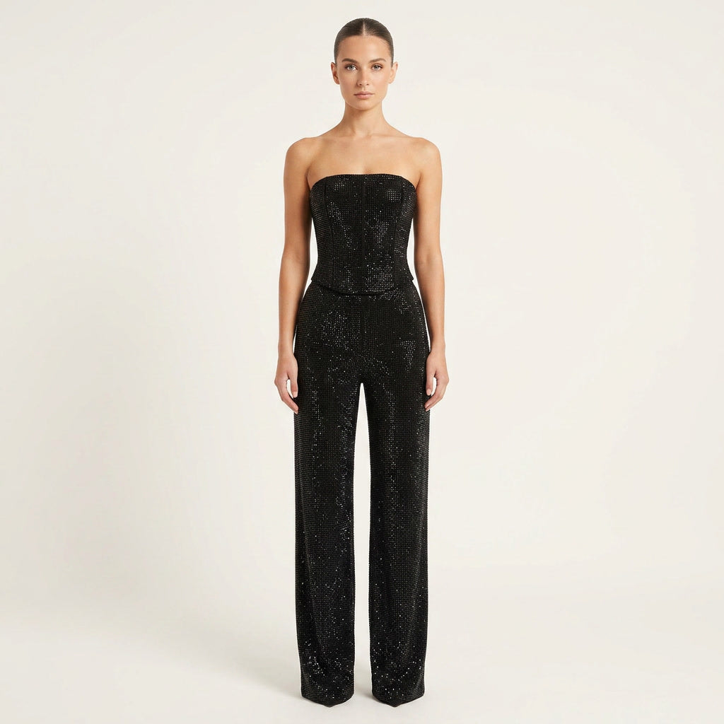Women's sparkling glitter crop top & high-waist jeans set. Perfect for party wear.